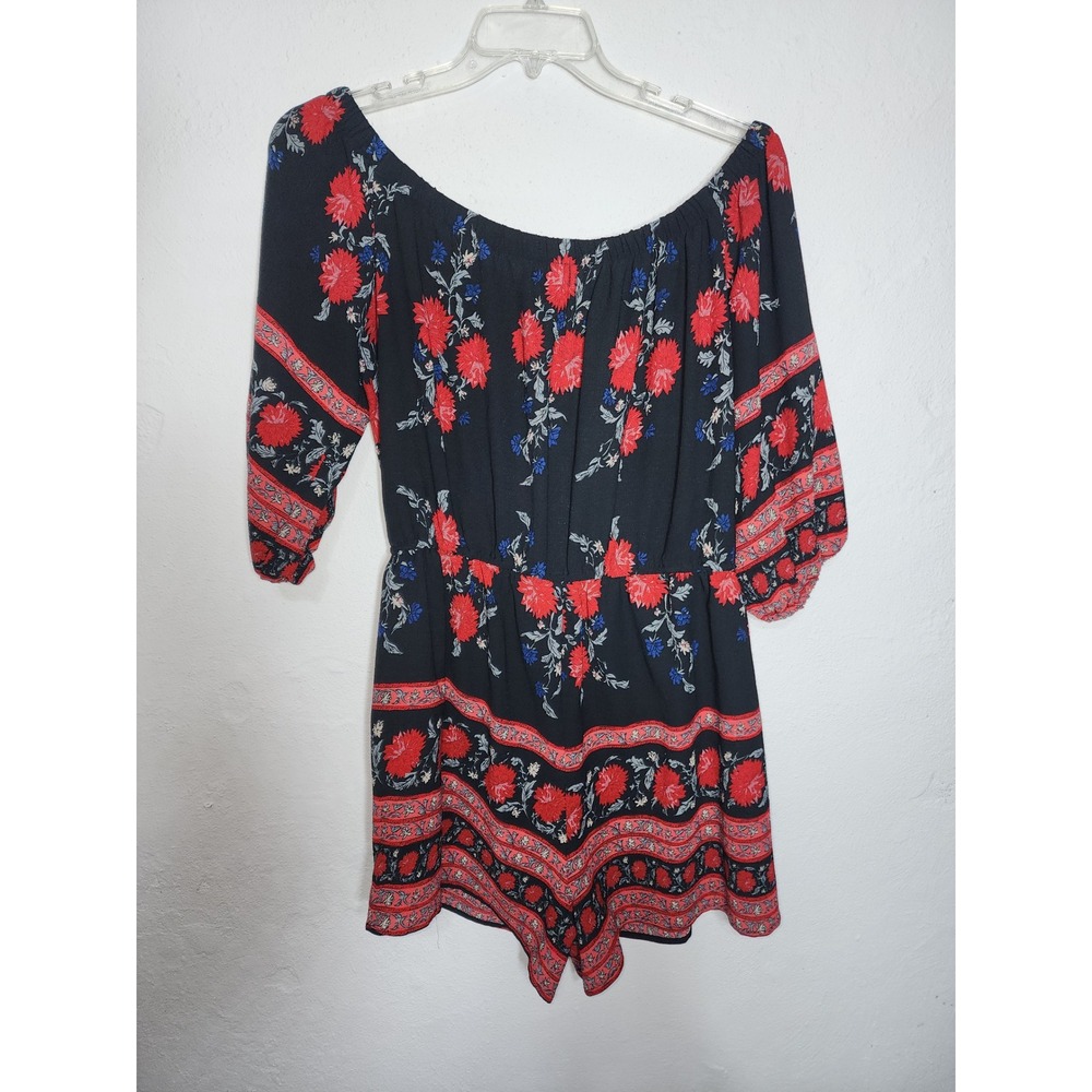 Forever 21 Romper Womens 1X Black Red Floral Off Shoulder Boho Tassel 3/4 Sleeve - Picture 2 of 10